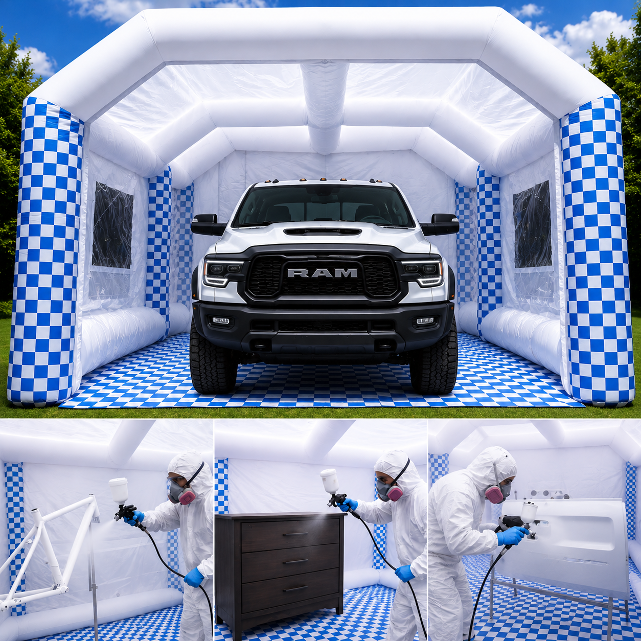 28x15x10ft White Inflatable Paint Booth, Extra Large Spray Paint Tent with 2 Blowers, Portable Car Paint Booth with Air Filtration System for Auto, Motorcycle & Furniture